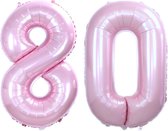 Folie Ballon Cijfer 80 Jaar Roze Verjaardag Versiering Helium Cijfer Ballonnen Feest versiering Met Rietje - 86Cm