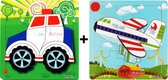 2 Houten Puzzels van 9 stukjes - Vliegtuig en Politie Auto - Voor kinderen van 1-4 jaar