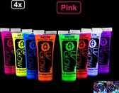 4x Glow in the dark body paint pink - body gezicht licht op paint make up festival thema feest party