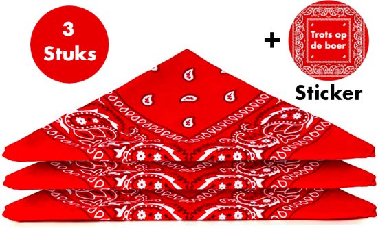 Boerenzakdoek Rood – Rode Zakdoek – Boerenzakdoek – Bandana -Unisex – 55 cm x 55 cm – 3 Stuks + Boerensticker