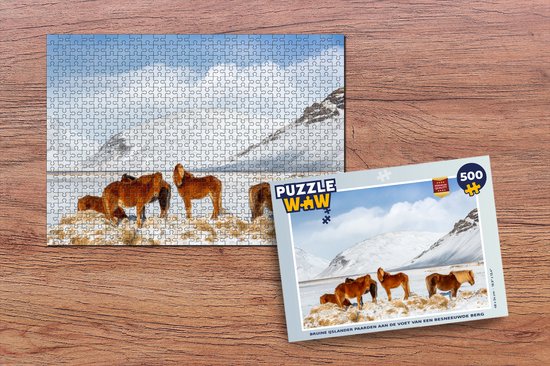 Puzzle Chevaux islandais marron au pied d'une montagne enneigée - Puzzle - Puzzle 500 pièces