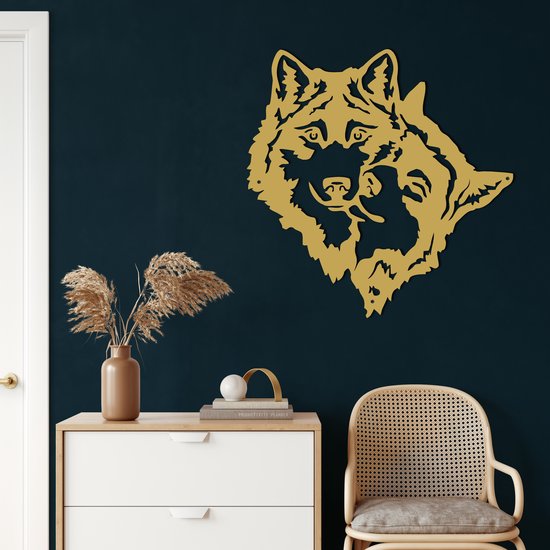 Décoration murale | Tête de loup / Head de loup | Métal - Art mural | Décoration murale | Salle de séjour | Decor extérieur |d'or| 71x71cm