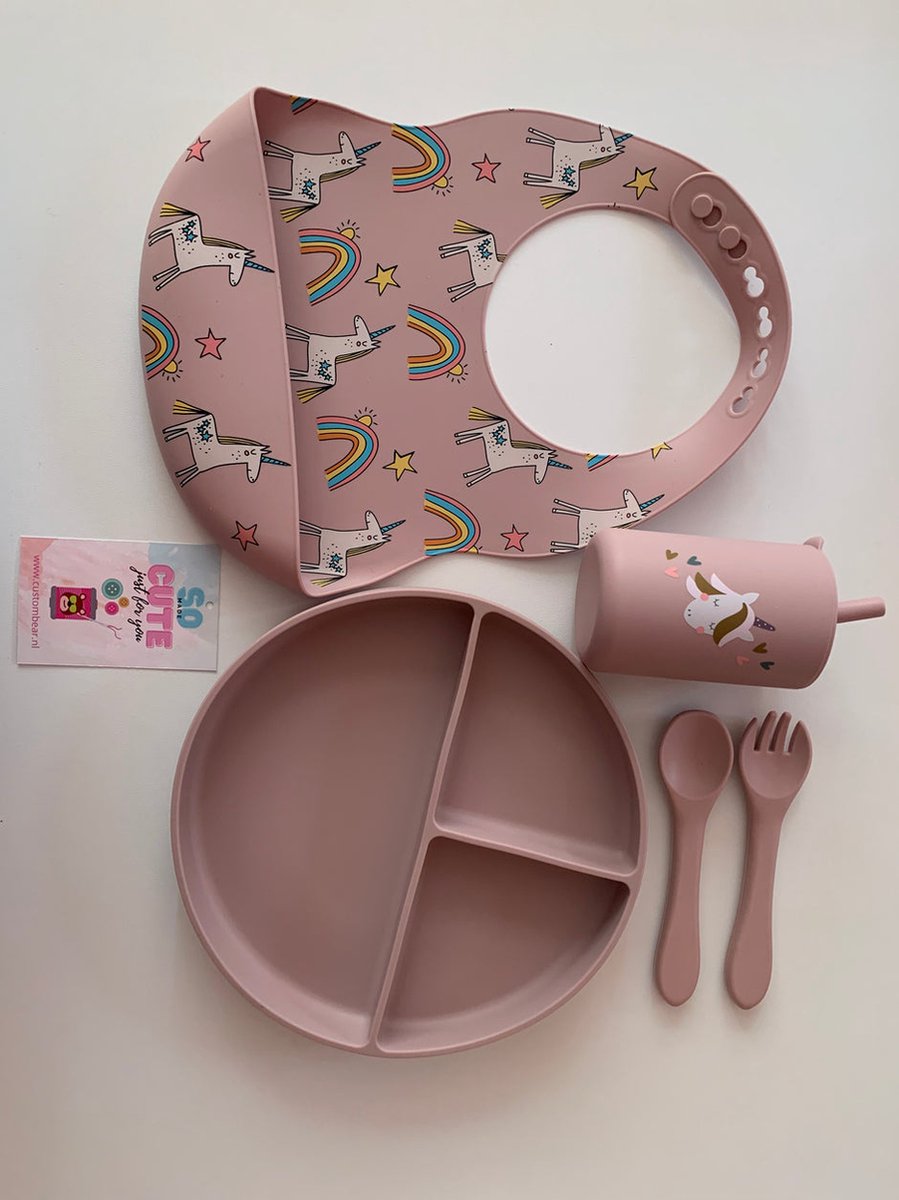 Goedkoopste Custombear.nl- Unicorn kinder eetservies - 100 BPA vrij - 5 delig - siliconen servies - kraam kado - babyshower