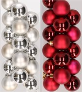 32x stuks kunststof kerstballen mix van zilver en donkerrood 4 cm - Kerstversiering