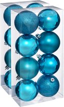 16x stuks kerstballen turquoise blauw glans en mat kunststof diameter 7 cm - Kerstboom versiering