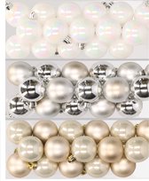 48x stuks kunststof kerstballen mix van parelmoer wit, zilver en champagne 4 cm - Kerstversiering