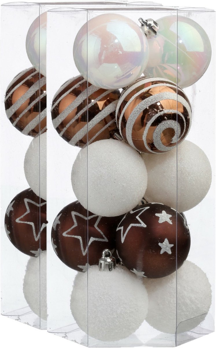 30x stuks kerstballen mix wit/bruin glans/mat/glitter kunststof diameter 5 cm - Kerstboom versiering