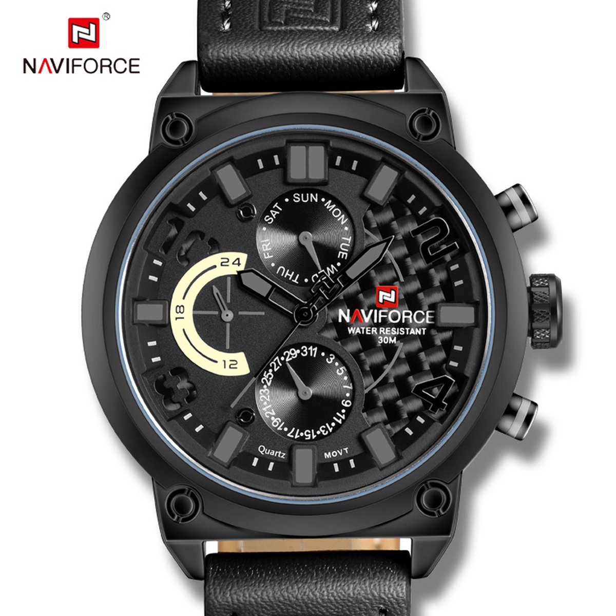 NAVIFORCE horloge voor mannen, met zwarte lederen polsband, zwarte uurwerkkast en grijze wijzerplaat ( model 9068L BGYB ), verpakt in mooie geschenkdoos