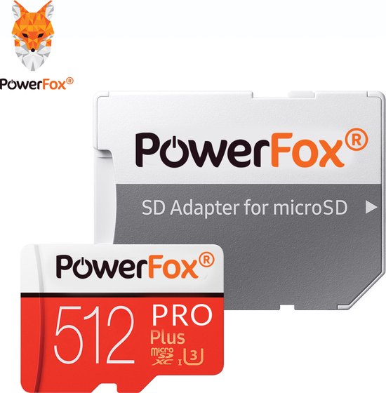 Carte micro SD PowerFox PRO Plus 512 Go avec adaptateur. La carte est rouge et blanche avec du texte noir.