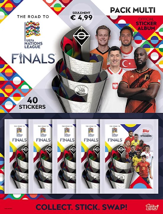 Pack Multi met UEFA Nations League Finals stickers. Met spelers van Polen, België en Nederland. Inclusief album en 40 stickers.