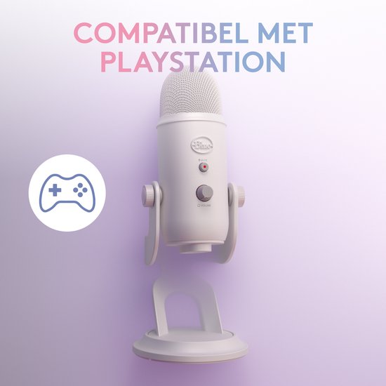 Witte microfoon met gamcontroller-pictogram, compatibel met Playstation.