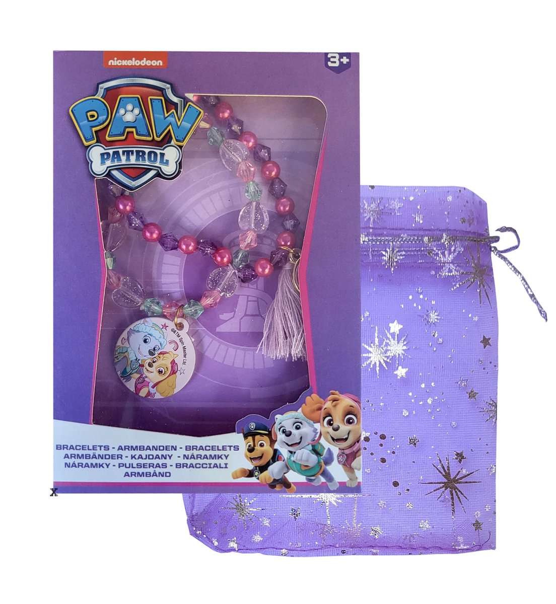 Paw Patrol - Armbandje - 2 stuks - kwast - kralen - bedels - blauw - roze - paars - Everest - Sky - met paars geschenk/opberg zakje - cadeautje