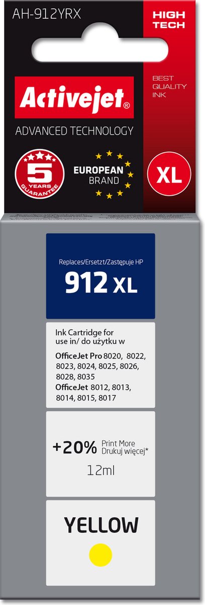 Activejet AH-912YRX inkt voor HP printers, Vervanging HP 912XL 3YL83AE; Premium; 990 pagina's; geel