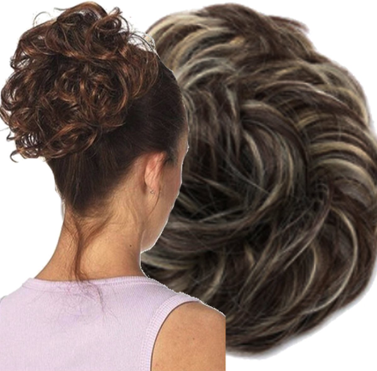 Messy Hair Bun | Curly Haar Wrap Extension Intens Donkerbruin met Blonde plukjes |Inclusief Luxe Bewaarzakje.*