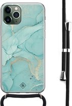 iPhone 11 Pro Max avec cordon - Bandoulière - Vert menthe marbré - Menthe - Cordon noir détachable - Coque de téléphone transparente avec impression - Antichoc - Casimoda