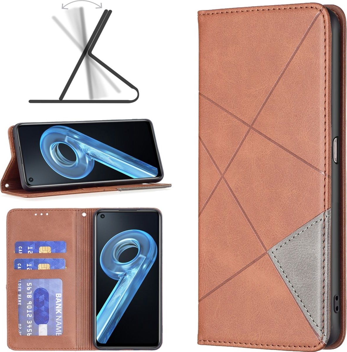 Mobigear Telefoonhoesje geschikt voor Realme 9i Hoesje | Mobigear Rhombus Slim Bookcase | Pasjeshouder voor 2 Pasjes | Telefoonhoesje voor Pinpas / OV Kaart / Rijbewijs - Bruin
