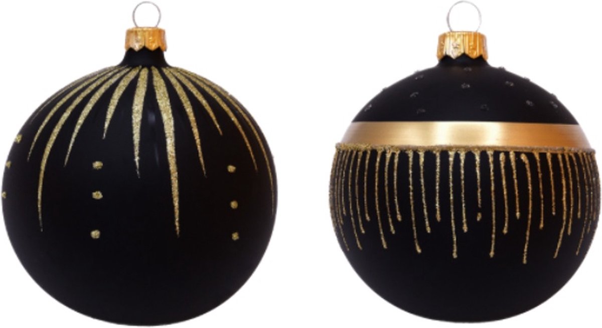 Zwarte Matte Kerstballen met Gouden Glitter Lijntjes en Streepjes - Doosje met 6 glazen kerstballen