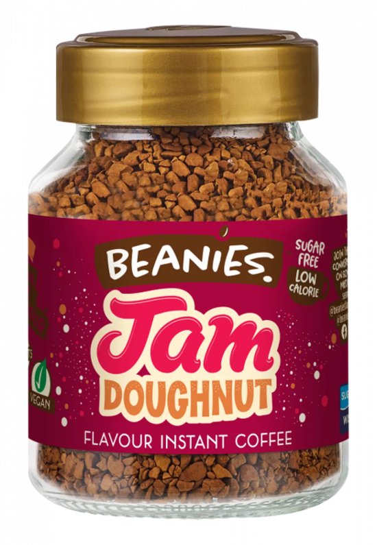 Foto: Beanies instant koffie jam doughnut koffie flavoured oploskoffie jam donut koffie koffie cadeau