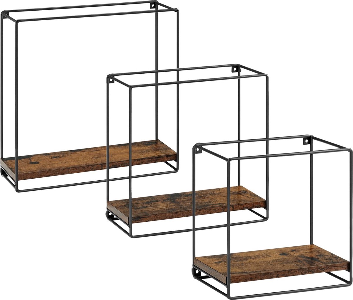 IN.HOMEXL – Meiyah - Zwevende Wandplank - Set van 3 - 5 Haken voor Kledinghangers – Industrieel - Vintage Bruin Zwarte – 32-27-22cm
