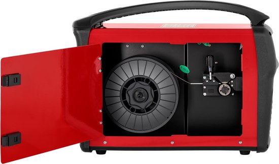 Rood Stamos lasapparaat met open deur, zicht op een rol lasdraad en de draadaanvoer mechanisme.