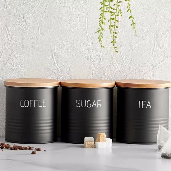 Bewaarblik – Voorraadpotten – Suikerpot – 3 stuks –  Voorraadblik – Deksel Bamboe – Luchtdict Voorraadbussen Potten – Koffie Thee Suiker – Zwart