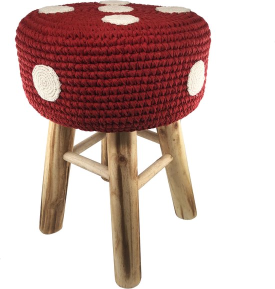 Luna-Leena duurzaam houten krukje /stoel met een paddenstoel hoes van katoen - rood met witte stippen - hand gehaakt in Nepal - kinderstoel - kinderkruk - kruk - kids decoration stool - rood met witte stippen
