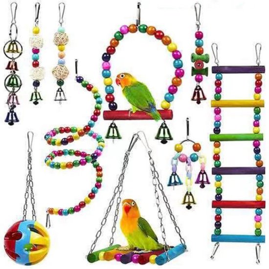 Vogelspeelgoed 10-delig - Set met ladder, bal, kralen, belletjes etc. - Voor parkiet, papegaai, valkparkiet etc.