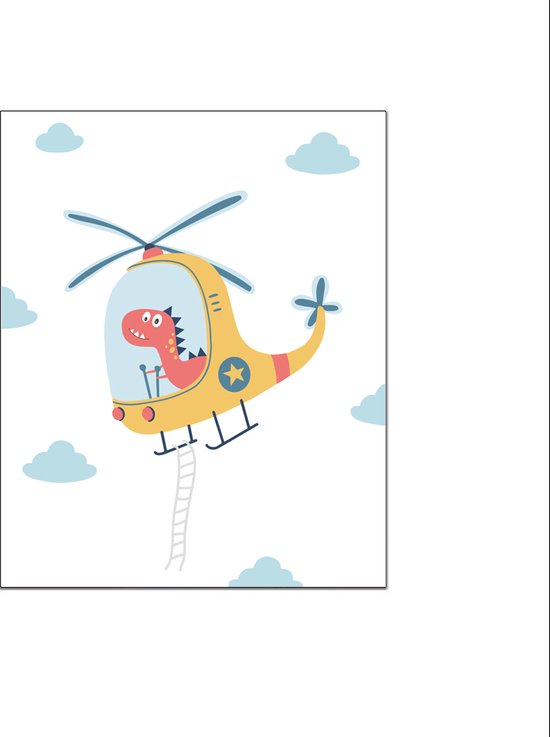 PosterDump - Dinosaurus in helicopter - Baby / kinderkamer poster - Dieren poster - 42x29,7cm / A3