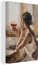 Canvas Schilderij Schilderij - Vrouw - Wijn - Olieverf - 60x90 cm - Wanddecoratie