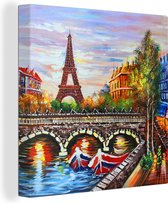 Canvas - Schilderij - Parijs - Water - Eiffeltoren - Stad - Olieverf - 20x20 cm - Muurdecoratie - Interieur