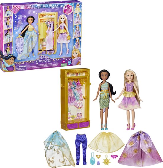 Disney Princess poppen met garderobekast en uitwasbare kledingstukken. Jasmine en Rapunzel.