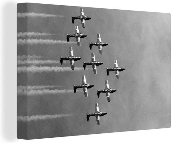 Foto: Canvas schilderij acrobatische snowbirds vliegtuigen vliegen in formatie zwart wit 30x20 cm wanddecoratie