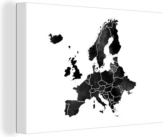 Canvas Schilderij Europakaart in donkere waterverf - zwart wit - 60x40 cm - Wanddecoratie