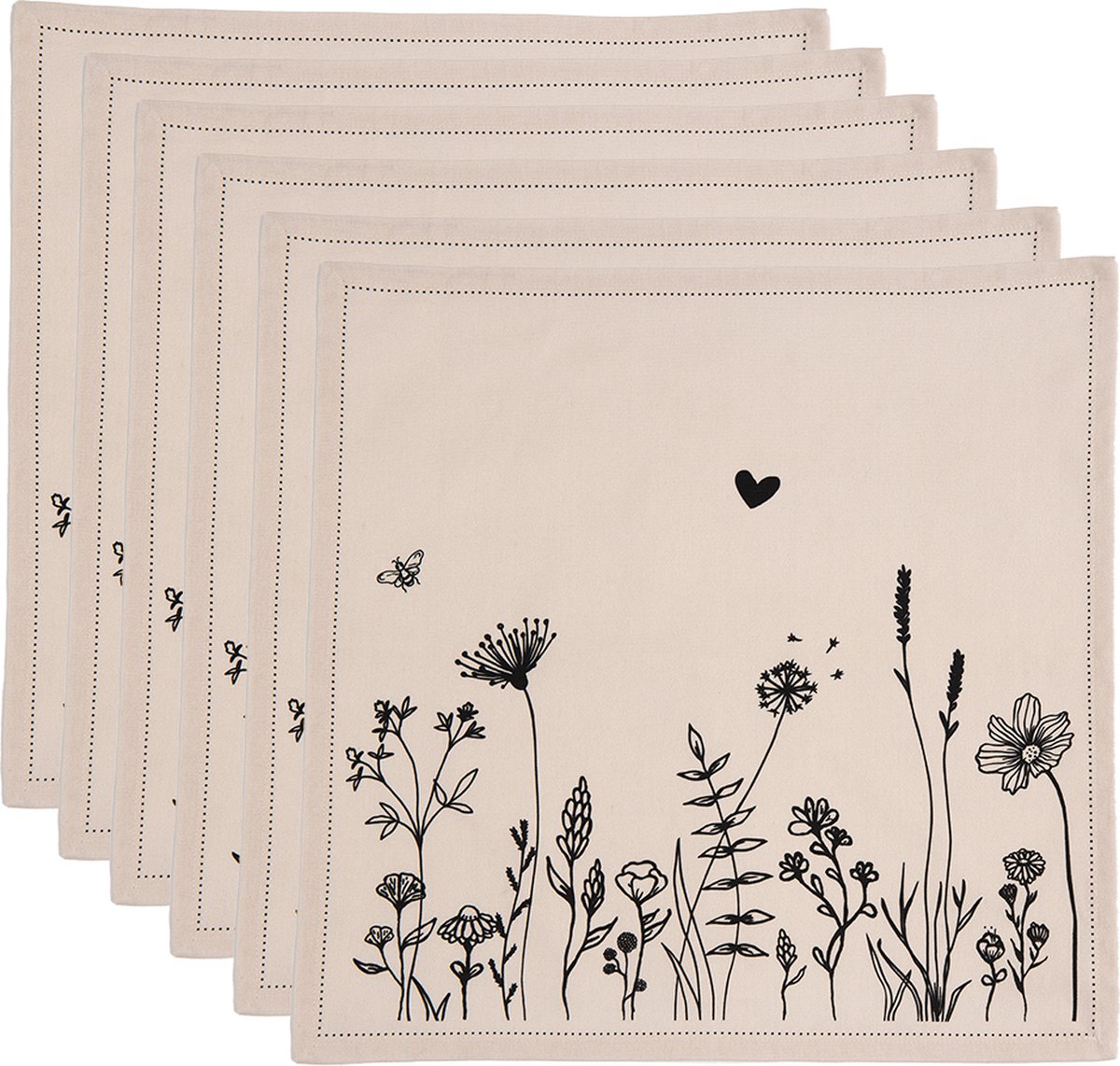 Clayre & Eef Servetten Katoen Set van 6 40x40 cm Beige Zwart Katoen Bloemen Servet Stof