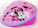 Roze kinderhelm met afbeelding van Minnie Mouse met strikjes en stippen.