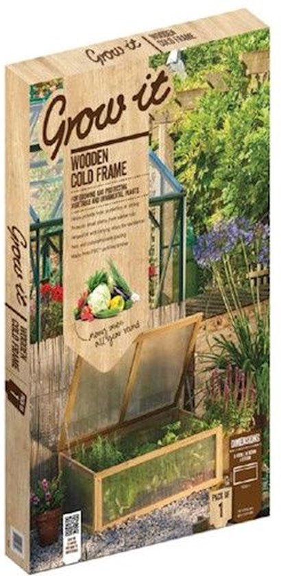 Doos van de 'Grow it' houten koude bak met planten en groenten.