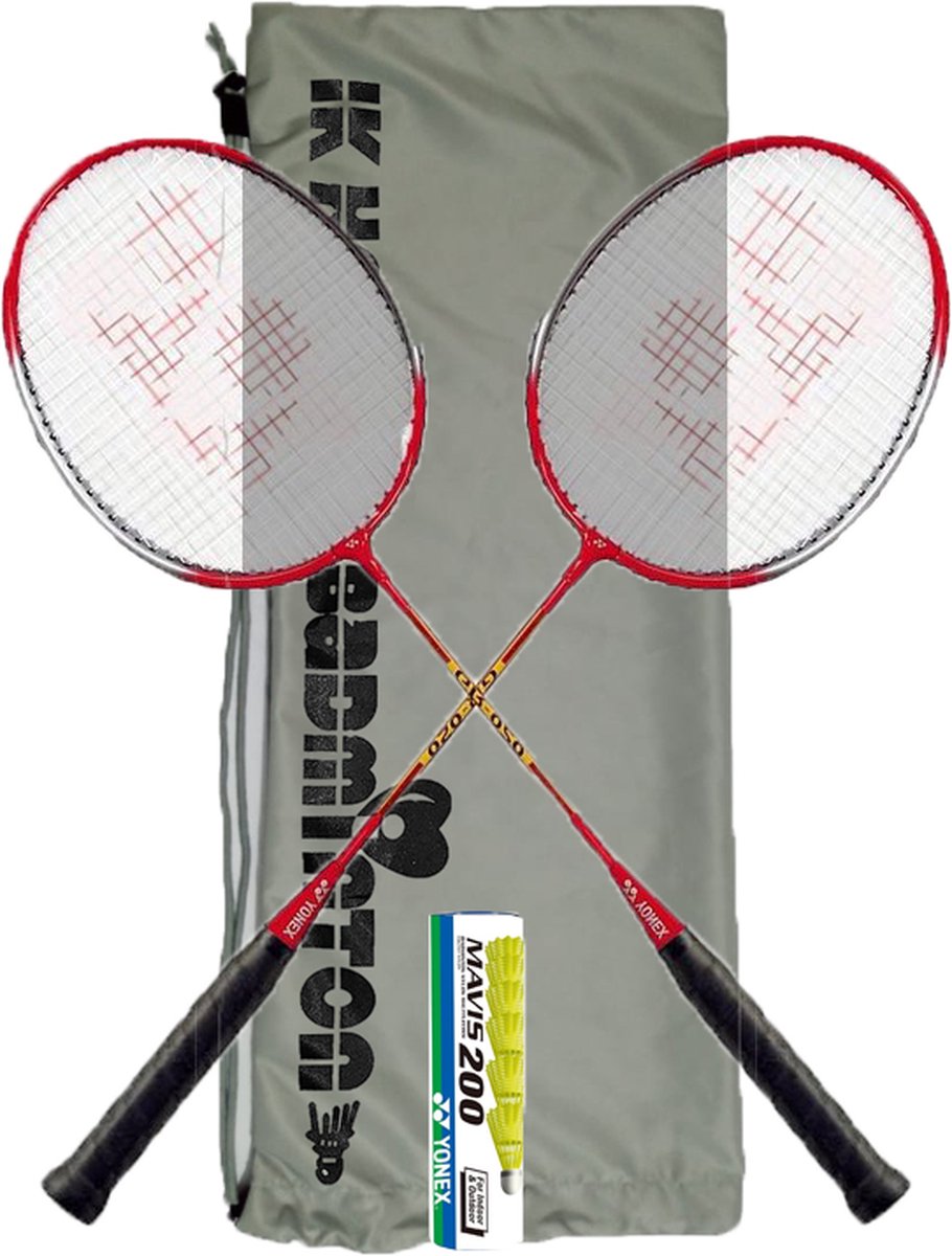 Yonex recreatieve badmintonset met draagtas: 2 Yonex GR-020 met 6 Mavis 200 geel shuttles