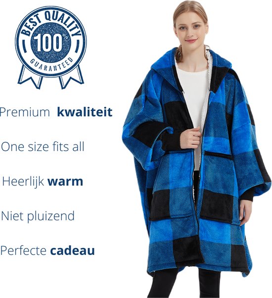 Q- Living Fleece Blanket With Sleeves - 1340 grammes - Couverture à capuche - Sweat à capuche surdimensionné - Couverture TV - Blauw/ Zwart avec fermeture éclair