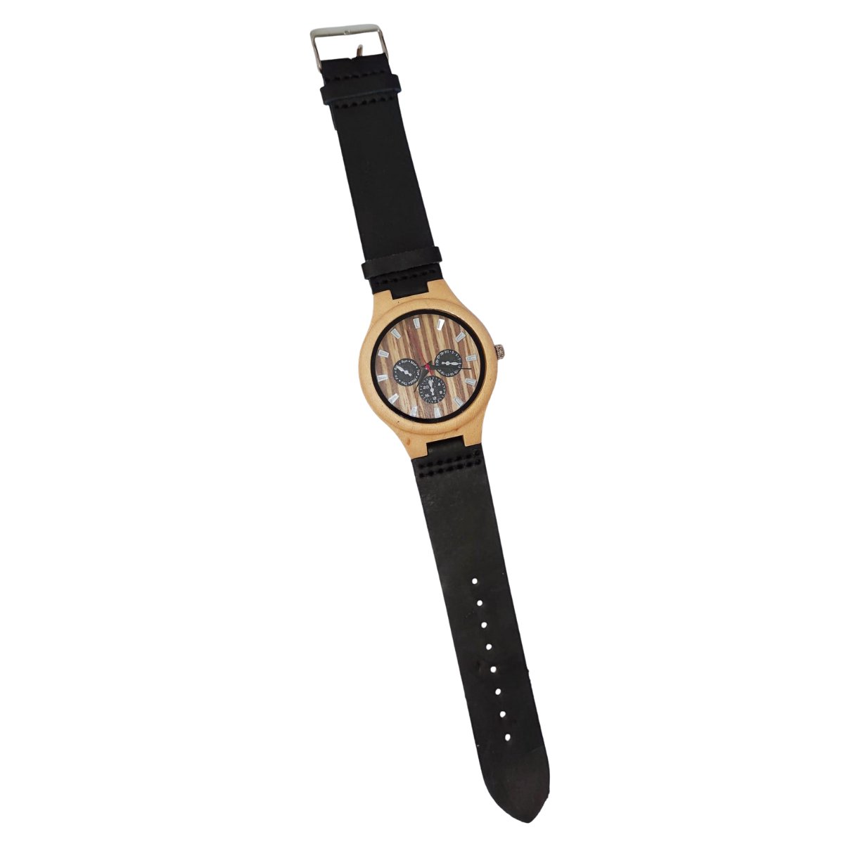 Houten Horloge Bamboe met leren band - Voor Heren - Klein - Zwart - 40mm