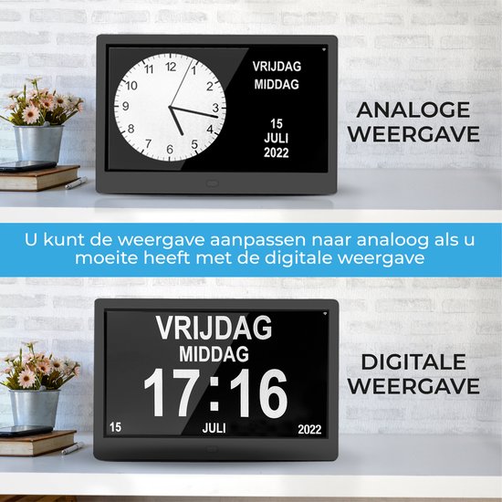 TTD® Dementieklok XXL 10 Inch met Extra Lange Kabel – Kalenderklok met Dag, Datum & Weer – Analoge & Digitale Weergaves – 20 Wekkers en 3 Medicijnalarmen - Wi-Fi – Voor Ouderen, Slechtzienden, Senioren en Alzheimer – Automatische Tijdsynchronisatie