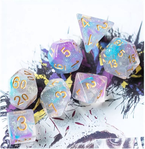 Thumbnail van een extra afbeelding van het spel D&D dice set - DnD dobbelstenen set Starlight Dungeons and Dragons dobbelstenen Inclusief velvet bewaarzakje Polydice