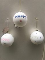 Set de 3 boules de Noël en verre HAPPY JOY LOVE blanc mat avec impression