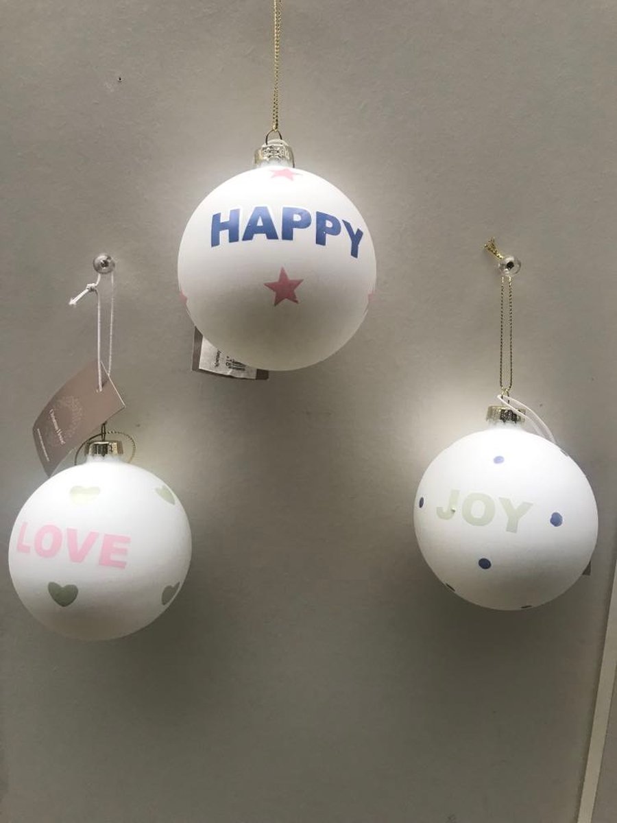 Set van 3 glazen kerstballen HAPPY JOY LOVE mat wit met print