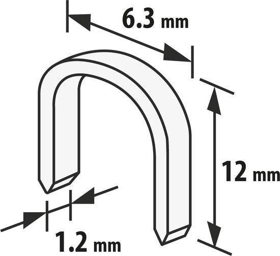 Technische tekening van een nietje met de maten 1,2 mm dik, 6,3 mm breed en 12 mm hoog.