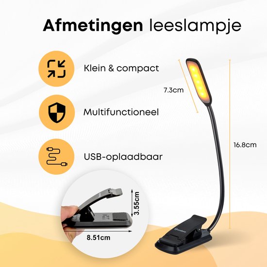 AiQInu USB Leeslamp Met 3 Kleuren en 5 Niveaus Oplaadbare LED Voor Bed Clip