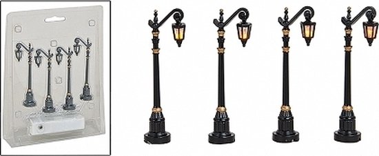Kerstdorp lantaarnpalen - 4x stuks - 10 cm - op batterijen - straatlantaarns
