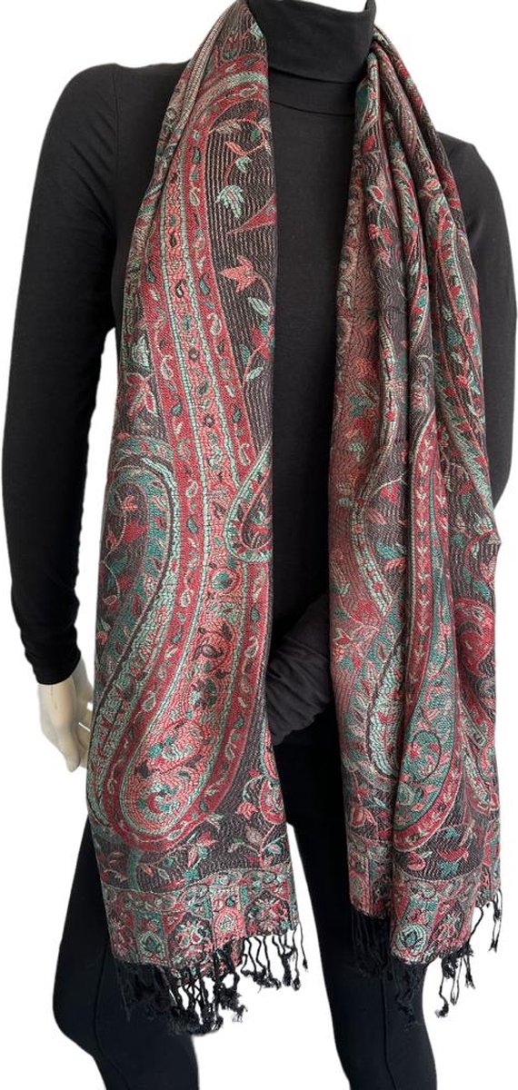 Pashmina Sjaal- Fashion Sjawl Pareo Omslagdoek- Fijn geweven Sjaal 206/12- Zwart met diverse Details