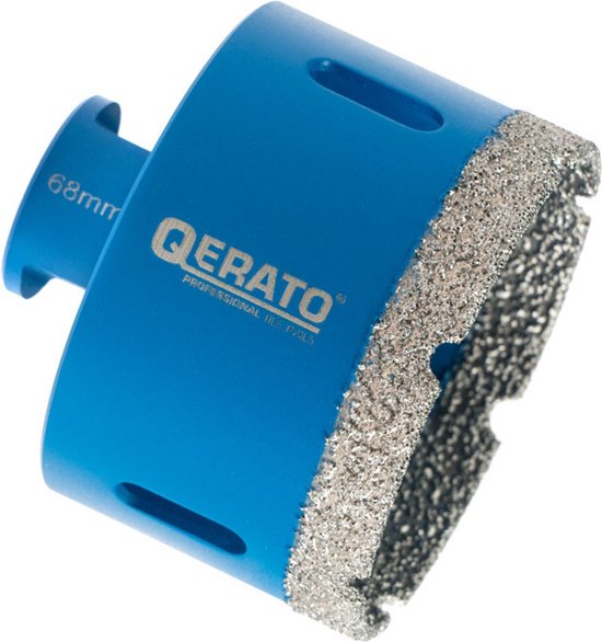 Qerato diamantboor, 68mm, met een blauwe schacht en een ruw, diamantgecoat snijvlak.