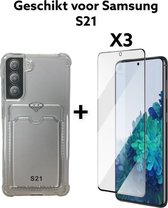 Samsung s21 hoesje transparant antishock met pashouder + 3x screen protector - samsung s21 transparant achterkant antischok + 3x beeld bescherming - card holder transparant antishock - back cover hoesje
