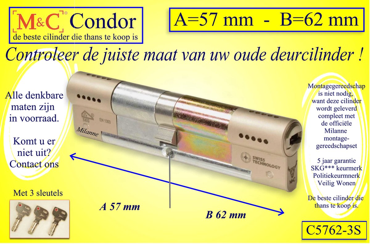 M&C Condor - High Security deurcilinder - SKG*** - 52x62 mm - Politiekeurmerk Veilig Wonen - inclusief gereedschap montageset